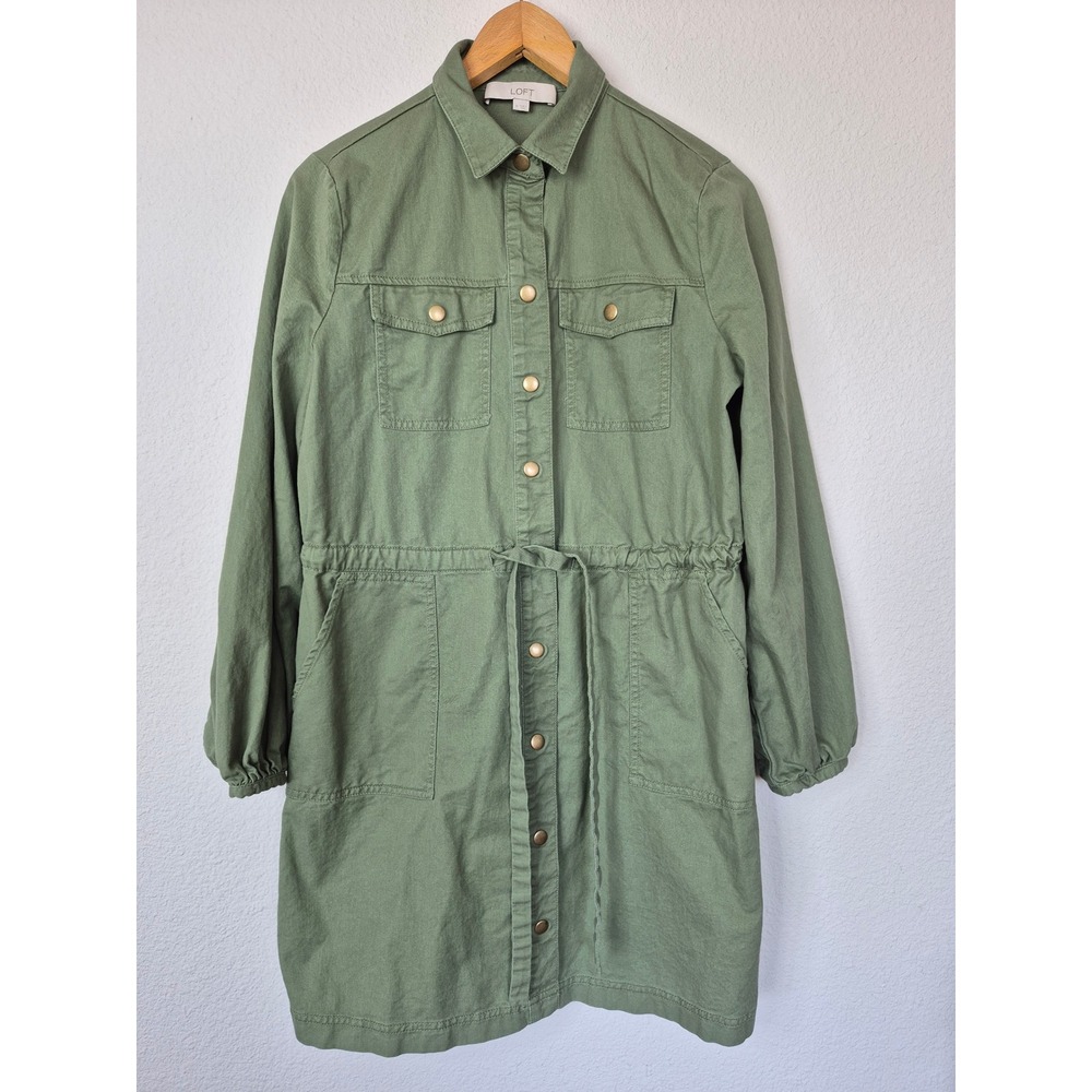 LOFT Olive Green Utility Shirt Dress Cotton Drawstring Waist Pocket Size Medium